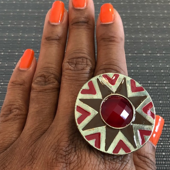 Red & Gold Sundial Aztec Ring - Picture 4 of 5